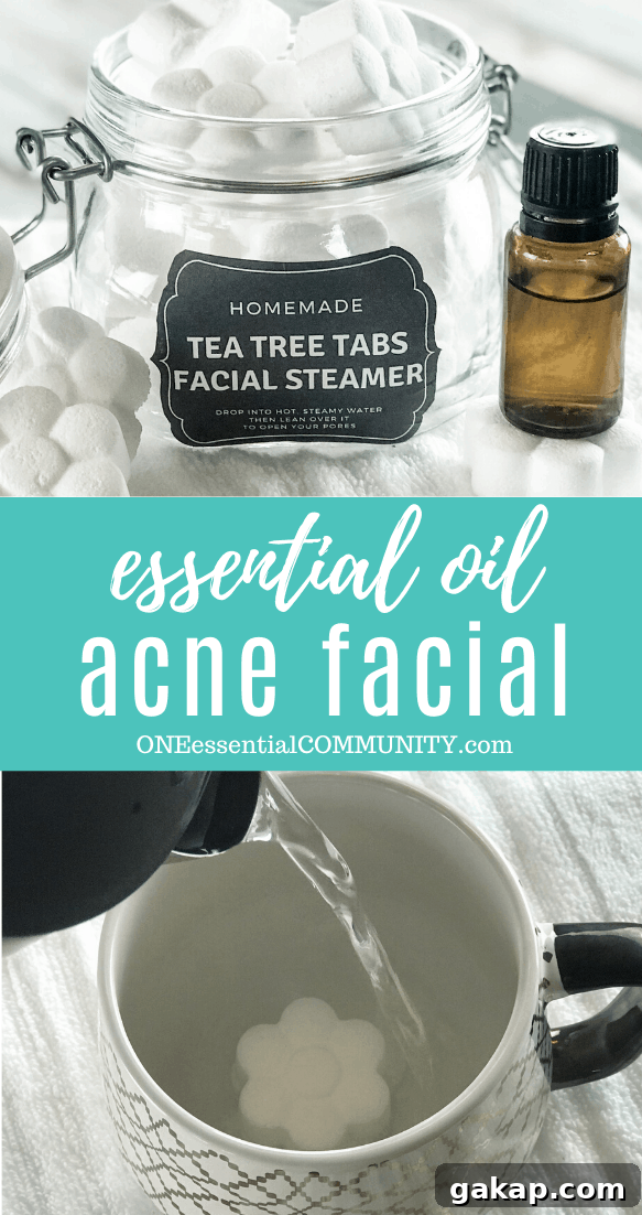 Tea Tree Acne Facial Tabs — Lush-Inspired Formula for Clear Skin 13 essential oil acne facial image collage with flower shaped tea tree tabs facial steamer in open glass jar essential oil bottle, pouring hot water into mug to activate steamer