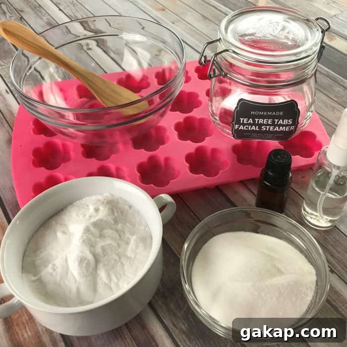 Tea Tree Acne Facial Tabs — Lush-Inspired Formula for Clear Skin 3 essential oil facial steamer tea tree tabs ingredients in bowls, flower-shaped silicone mold, clear jar with tea tree tabs facial steamer label, essential oil bottle, squirt bottle
