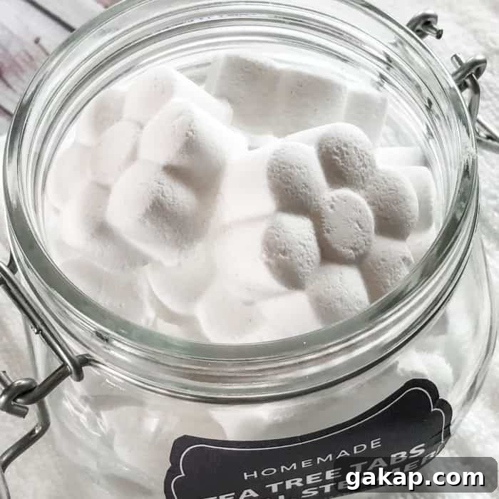 Tea Tree Acne Facial Tabs — Lush-Inspired Formula for Clear Skin 8 flower shaped tea tree essential oil facial steamer tabs in open glass jar with custom label
