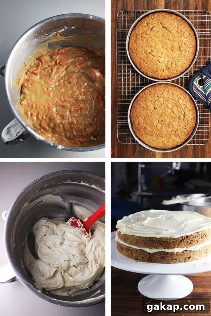 Collage of process shots for making moist carrot cake