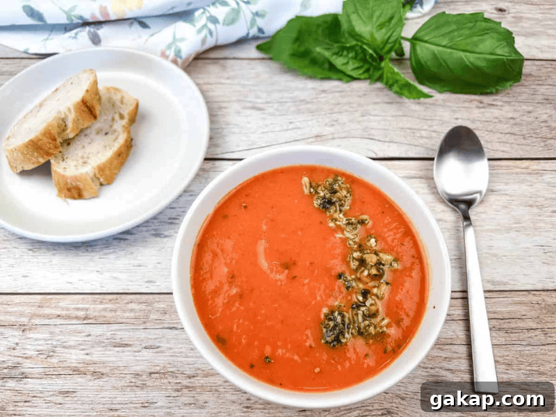 13 Classic Vintage Recipes for Cozy Fall Cooking 12 A bowl of tomato soup with pesto garnish beside a spoon, fresh basil, and a plate with two slices of bread on a wooden table.