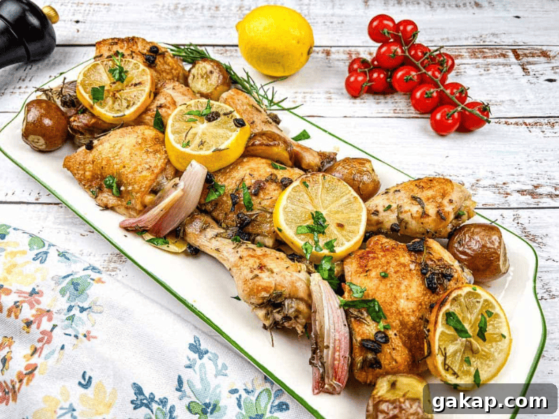 13 Classic Vintage Recipes for Cozy Fall Cooking 13 A rectangular platter with roasted chicken, lemon slices, shallots, herbs, and potatoes. Cherry tomatoes and a lemon are in the background on a rustic white wooden table.