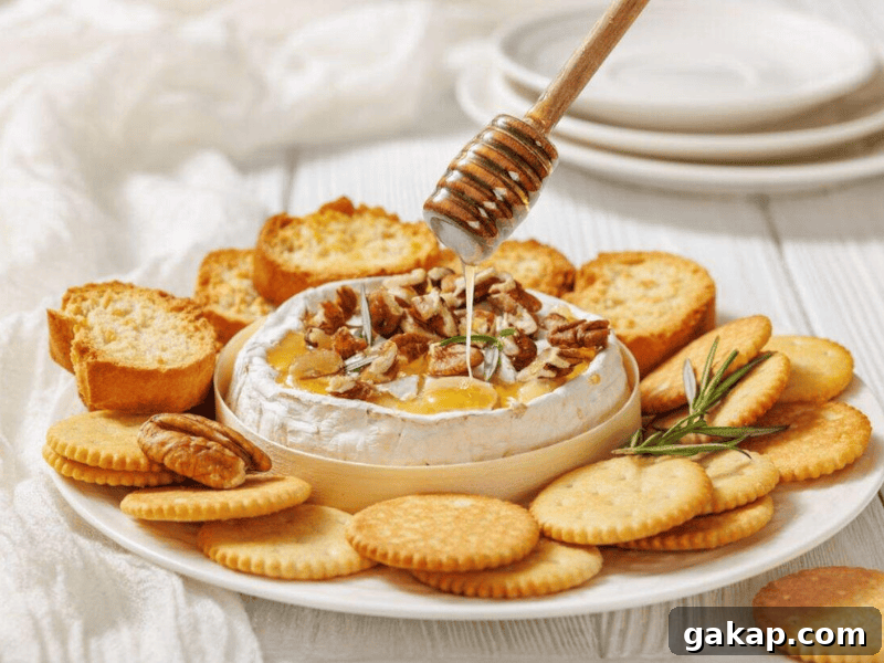 13 Classic Vintage Recipes for Cozy Fall Cooking 10 A plate with round crackers, toasted bread, and a wheel of cheese topped with nuts, as honey is drizzled on top. White plates and a napkin are in the background.