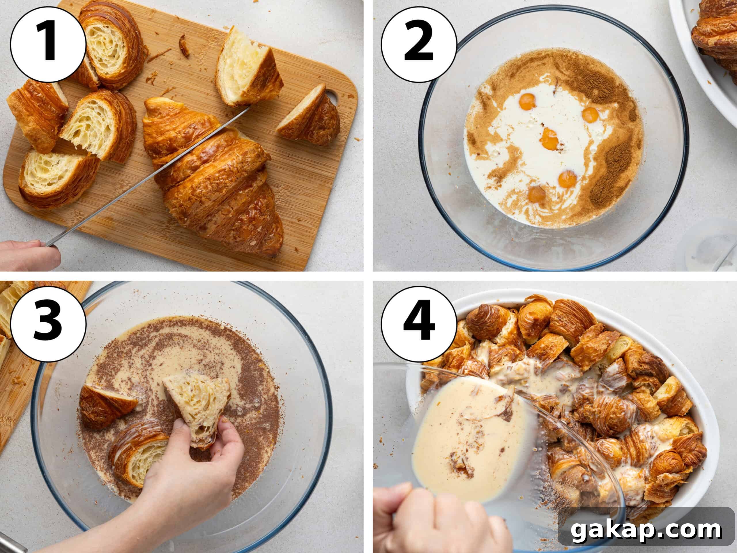 Decadent Croissant French Toast Casserole Recipe 4 Process shot collage: slicing the croissant, making the custard, dipping the croissant in the mixture then transferring into a large baking dish.