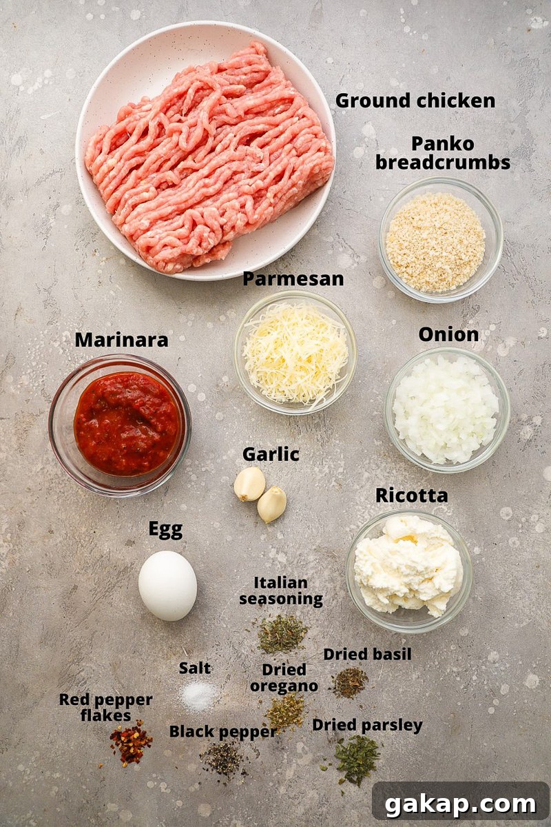 Ingredients used to make Italian chicken meatballs with herbed ricotta