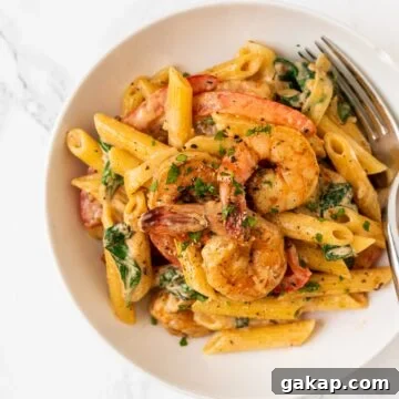 a top down view of a bowl of cajun shrimp pasta