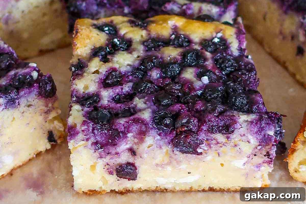 Close-up of a slice of Russian cottage cheese cake on a plate, packed with juicy blueberries and a creamy, tender texture.