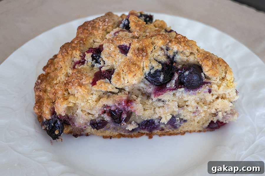 close up of a gluten free blueberry scone on a plate showing buttery texture