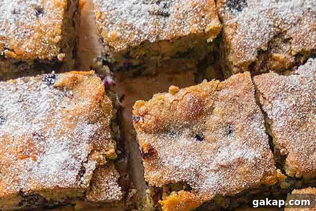 Blueberry breakfast cake sliced into squares and lightly dusted with powdered sugar, displayed on a rustic wooden board—moist, golden, and studded with juicy blueberries