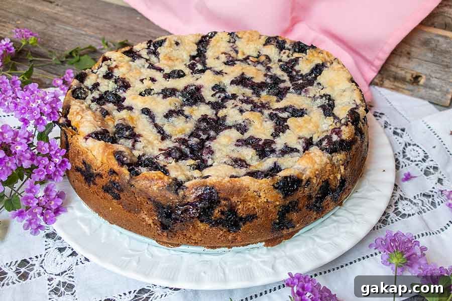 whole blueberry cream cheese coffee cake on a cake platter studded with many blueberries