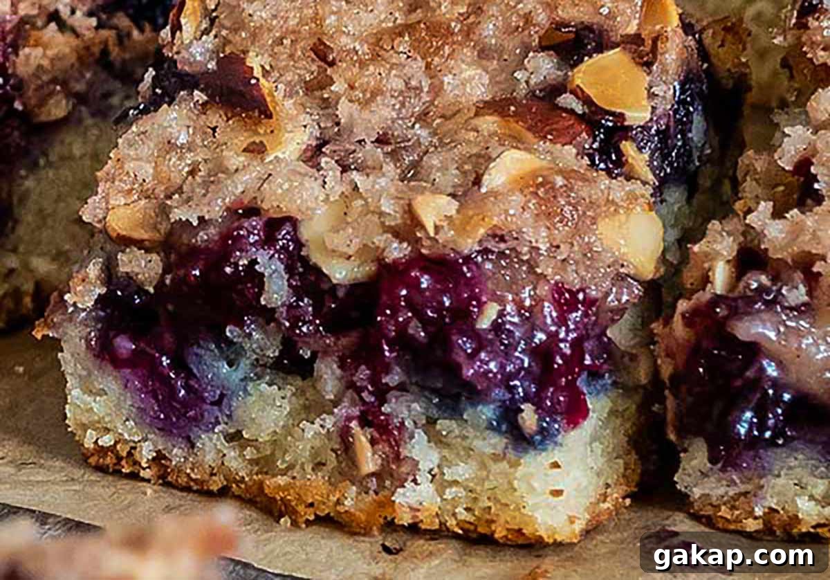 Close-up of a slice of blueberry streusel cake on a plate, with a juicy, pudding-like blueberry filling visible beneath the golden, crumbly topping.