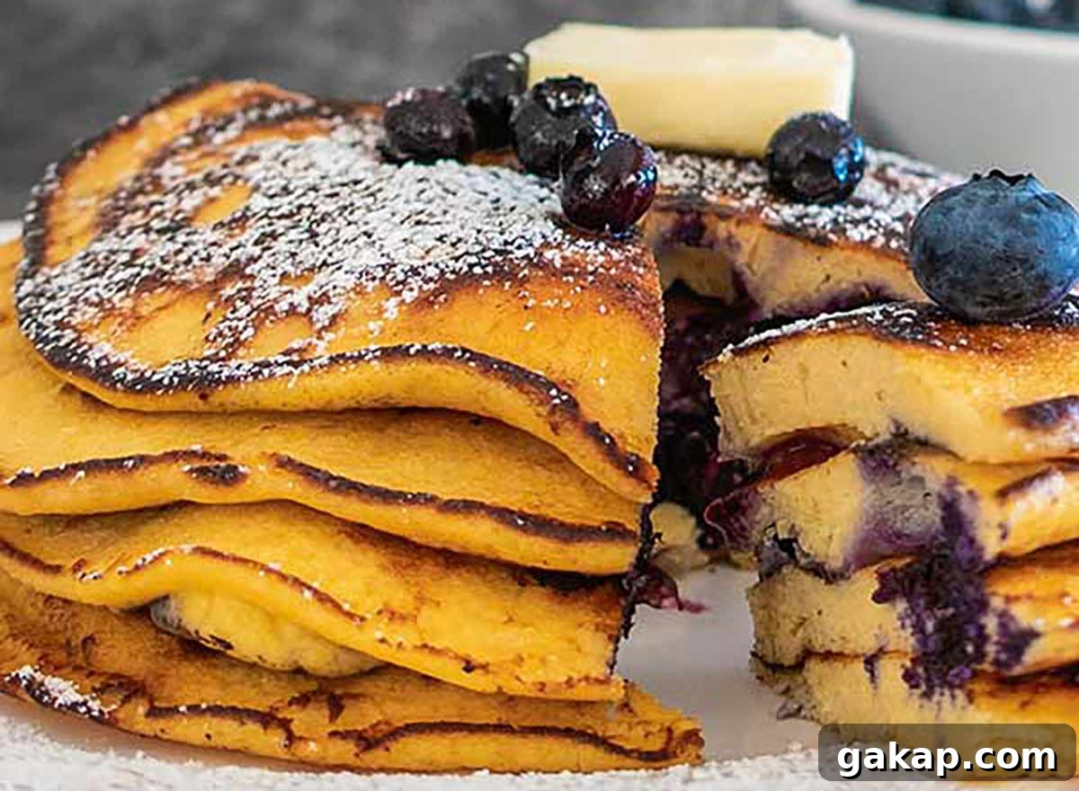 Coconut flour blueberry pancakes on a plate, topped with powdered sugar and cut open with a fork to reveal their fluffy, grain-free interior.