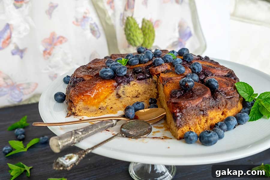Fresh apricot and blueberry gluten-free tarte Tatin served on a dessert platter, with two spoons beside it and the juicy, caramelized fruit filling and fresh blueberries visible inside—perfect for a summer dessert.