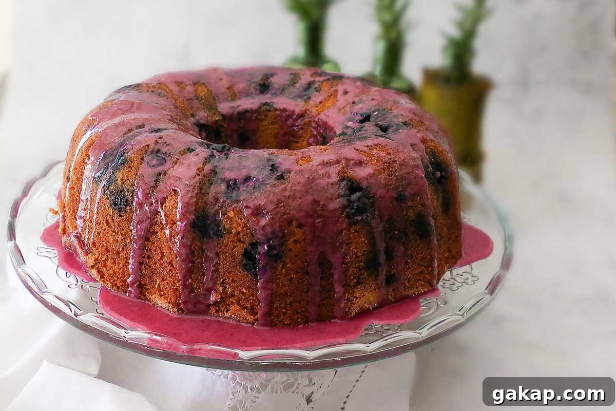 whole blueberry bundt cake on a cake platter drizzles with blueberry orange glaze