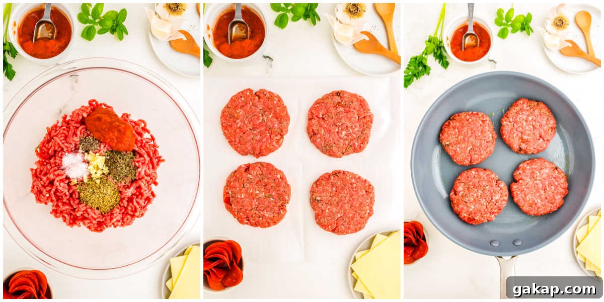 The ground beef mixture mixed together and then divided into four patties.