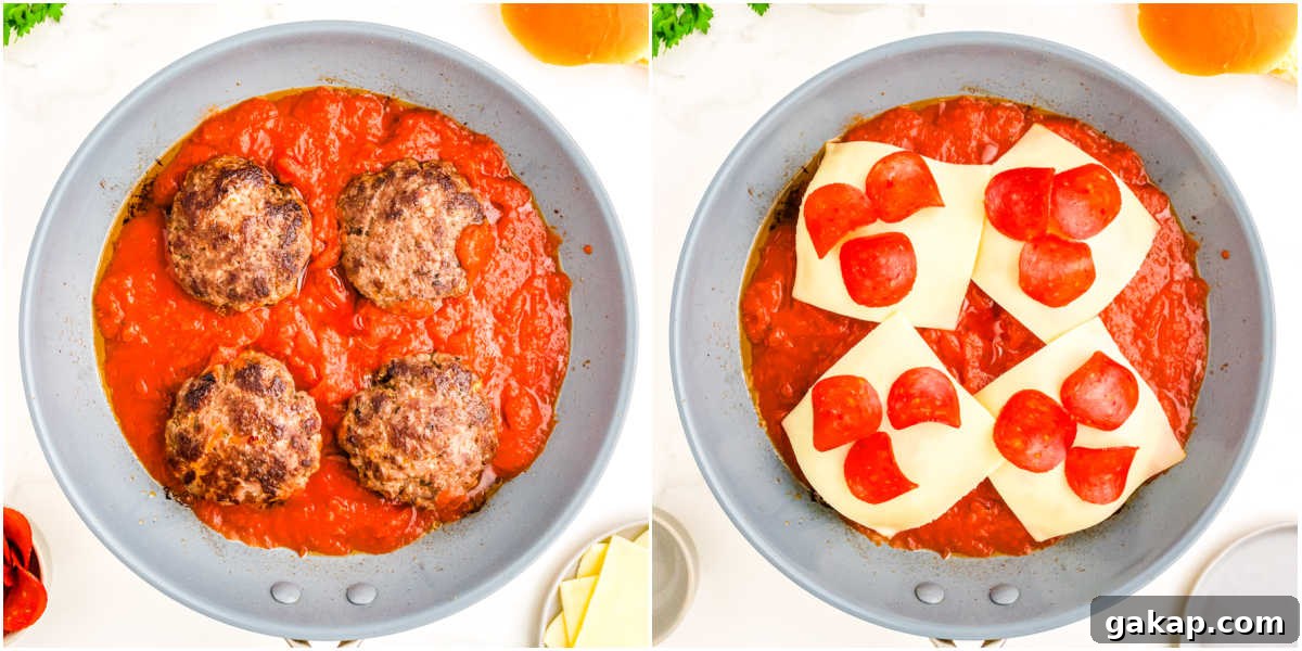 The patties cooked in pizza sauce and topped with mozzarella and pepperoni.