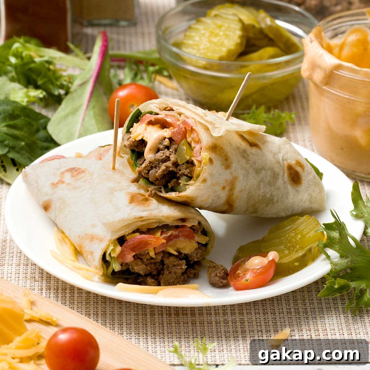 Copycat McDonald's Big Mac Wrap with Signature Sauce Recipe 2 A big mac wrap sliced in half with McDonald's sauce.