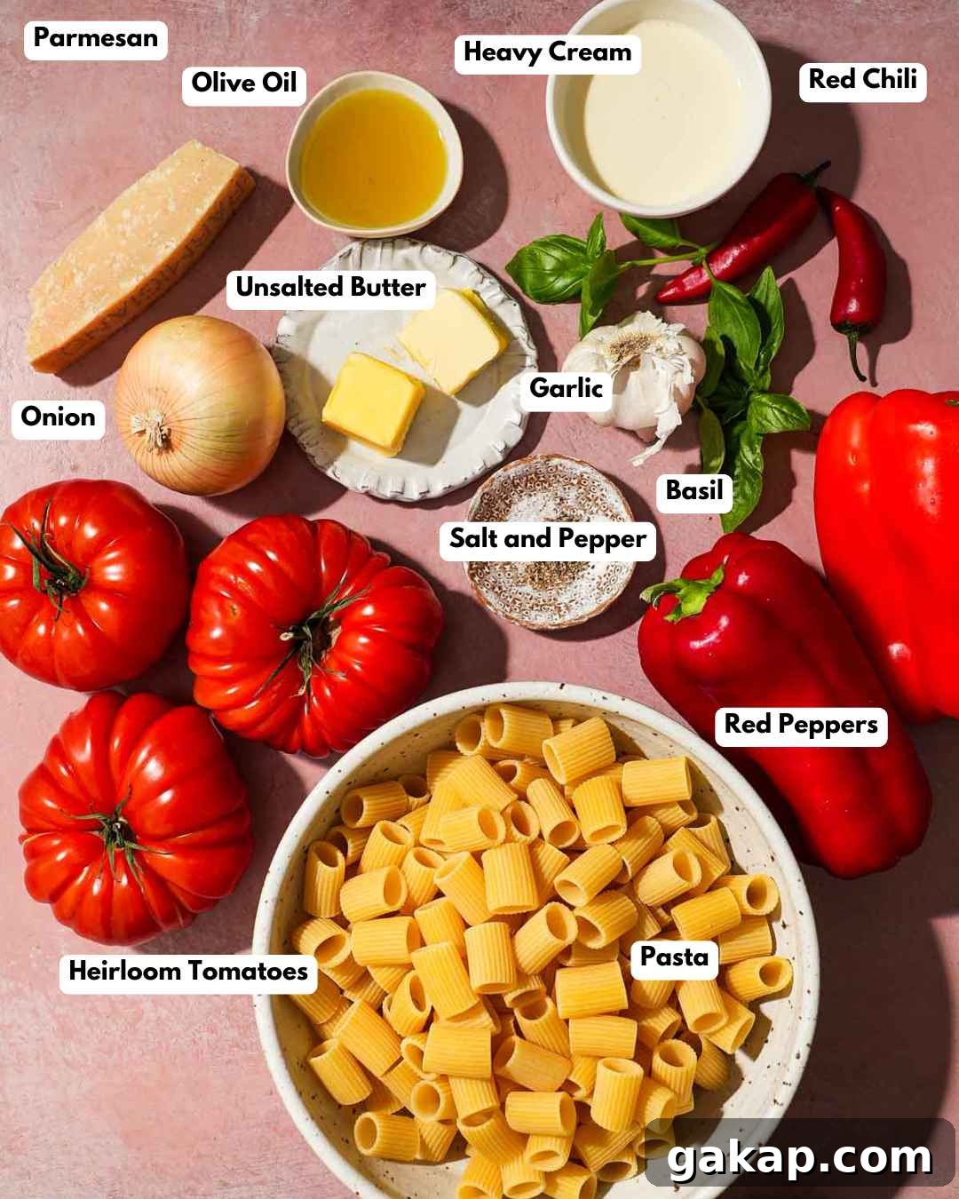 Creamy Roasted Red Pepper & Tomato Pasta Recipe 3 Labeled ingredients for roasted red pepper and tomato pasta including pasta, garlic, and basil.