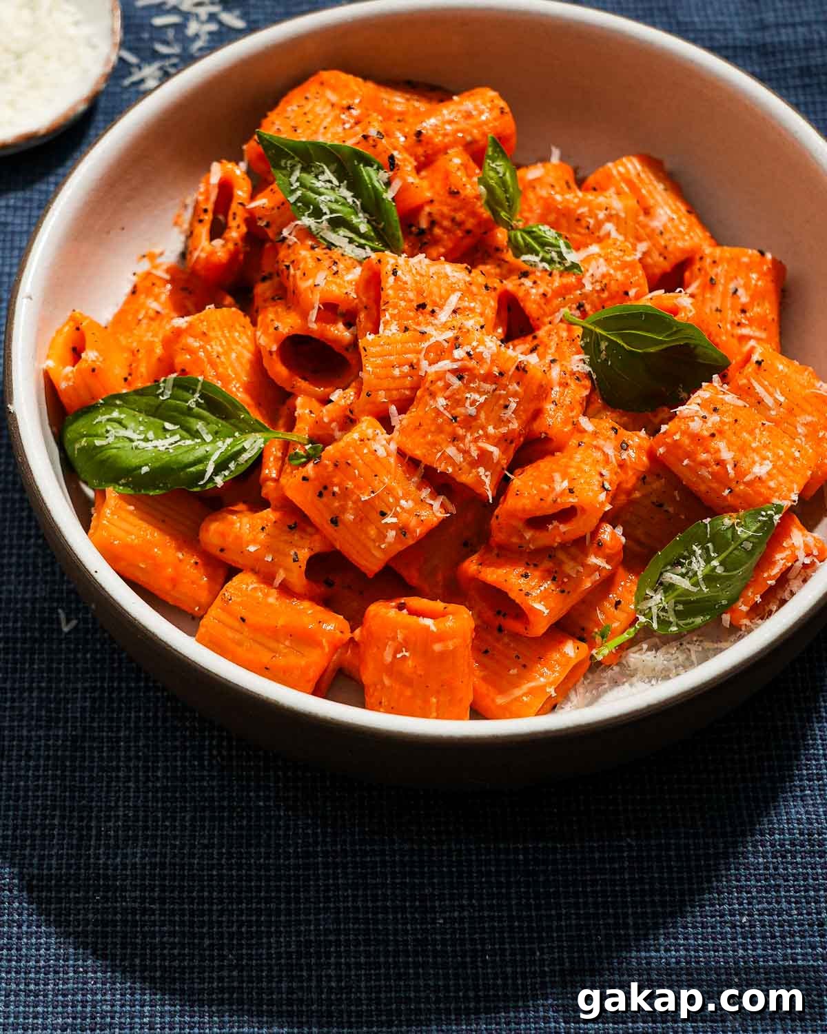 Creamy Roasted Red Pepper & Tomato Pasta Recipe 8 A large shallow bowl of roasted red pepper and tomato pasta with basil and parmesan cheese.