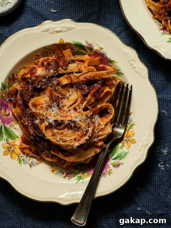 Creamy Roasted Red Pepper & Tomato Pasta Recipe 10 A bowl of braised short rib ragu with tagliatelle with a fork.