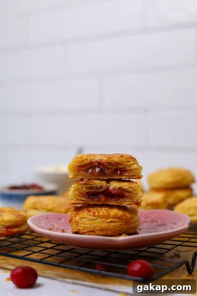 Apple Cranberry Sourdough Hand Pies Recipe for Flaky Pastries 2 A stack of sourdough apple and cranberry hand pies sitting on a pink plate.