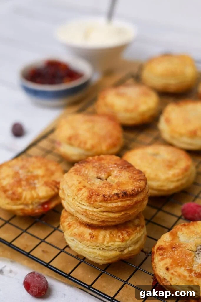 Apple Cranberry Sourdough Hand Pies Recipe for Flaky Pastries 14 Two sourdough apple and cranberry hand pies stacked on top of each surrounded by other hand pies on a black wire cooling rack. You can see a bowl of filling in the background.