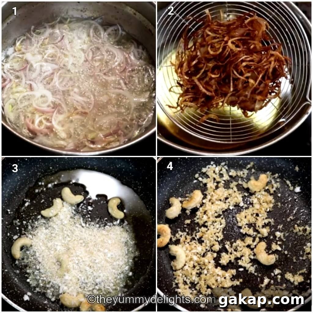 collage image of 4 steps showing preparations for hyderabadi chicken korma. It shows frying onions, and roasting nuts and coconut for making creamy korma sauce.