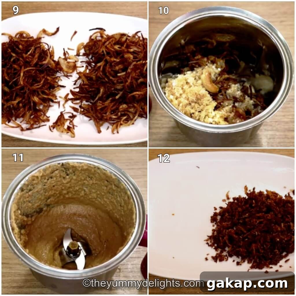 collage image of 4 steps showing how to make nuts paste for chicken korma sauce.