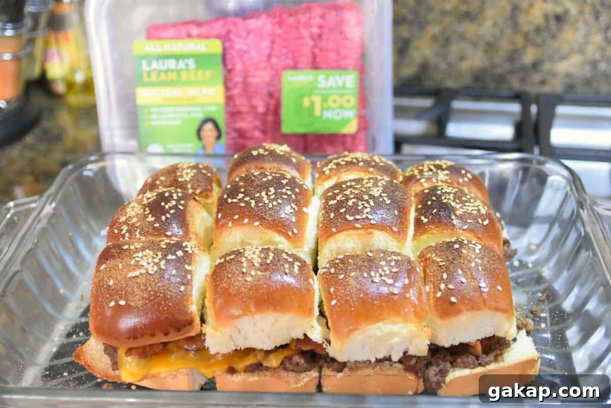 Baked Bacon Cheeseburger Sliders Recipe for Game Day and Parties 10 cheeseburger sliders on a casserole dish