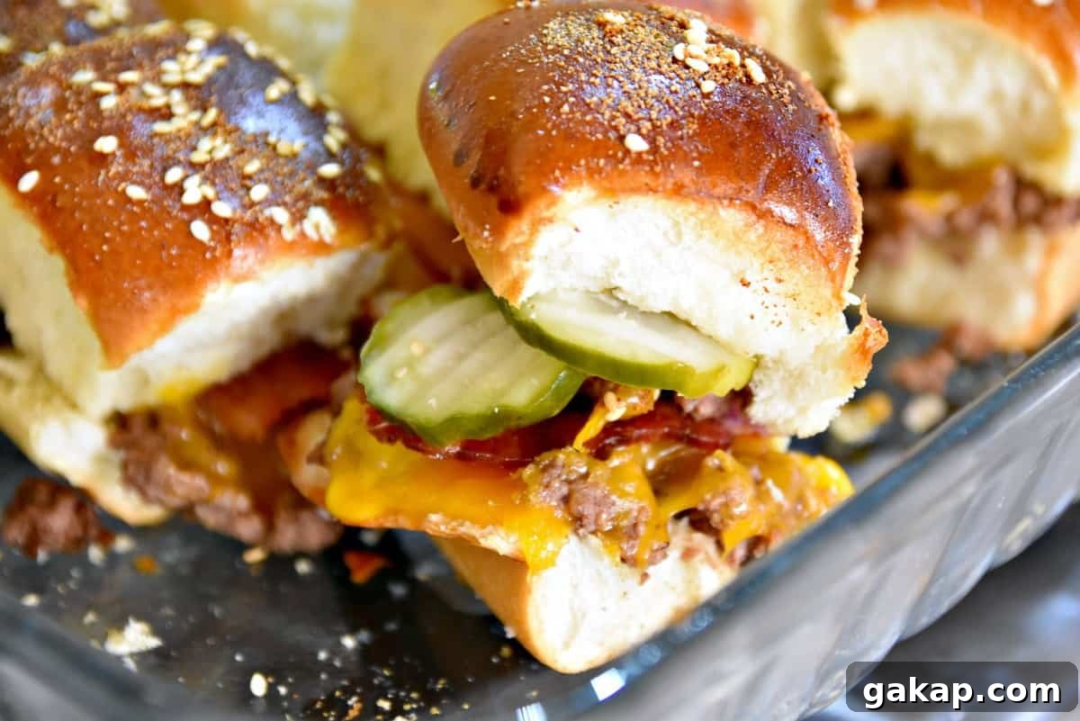 Baked Bacon Cheeseburger Sliders Recipe for Game Day and Parties 11 baked bacon cheeseburger sliders with pickles