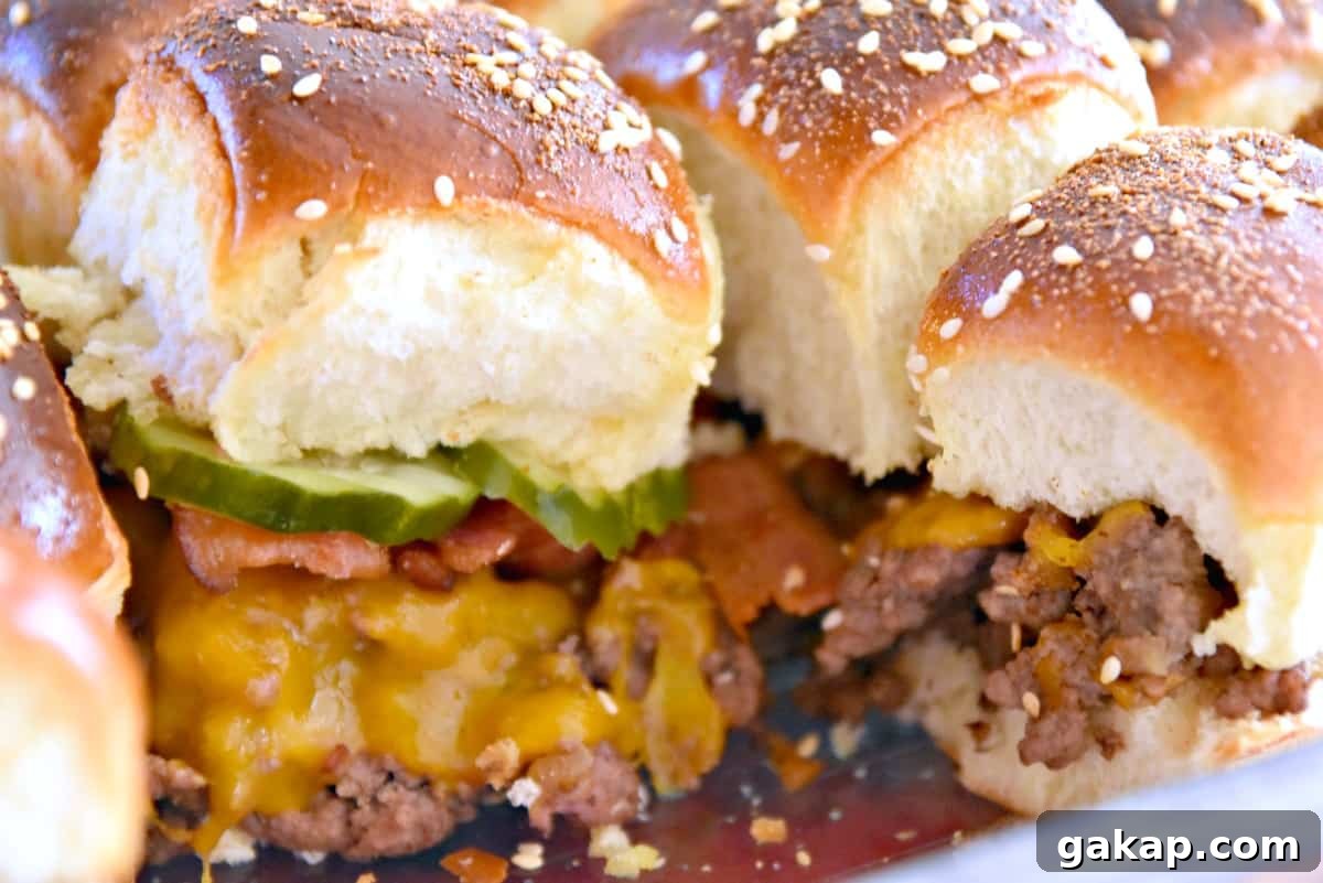 Baked Bacon Cheeseburger Sliders Recipe for Game Day and Parties 3 bacon cheeseburger sliders with pickles