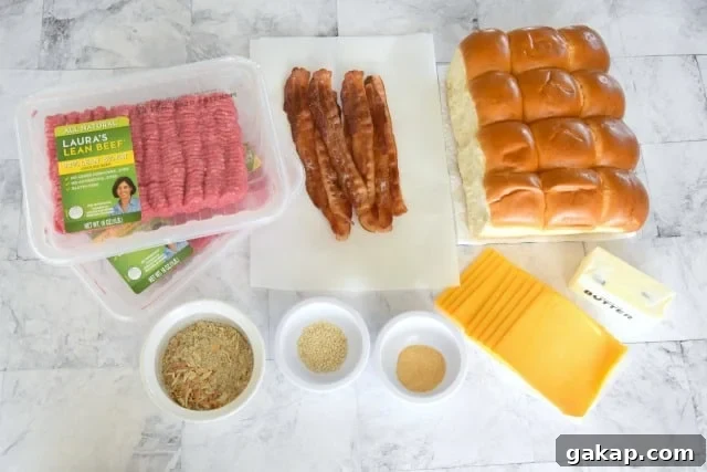 Baked Bacon Cheeseburger Sliders Recipe for Game Day and Parties 4 ground beef, bacon, hawaiian rolls, cheese, butter, onion soup mix