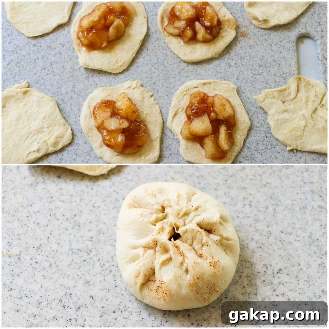 Air Fryer Apple Pie–Stuffed Biscuits: Quick Cinnamon Dessert 3 Apple pie filling placed on each biscuit.
