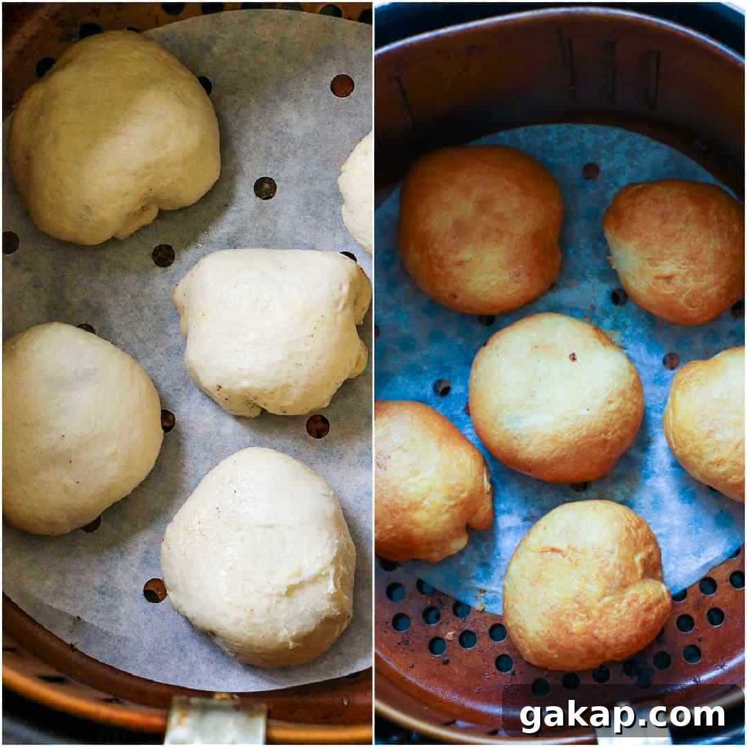Air Fryer Apple Pie–Stuffed Biscuits: Quick Cinnamon Dessert 4 Collage showing uncooked fritters in air fryer and cooked fritters in air fryer.
