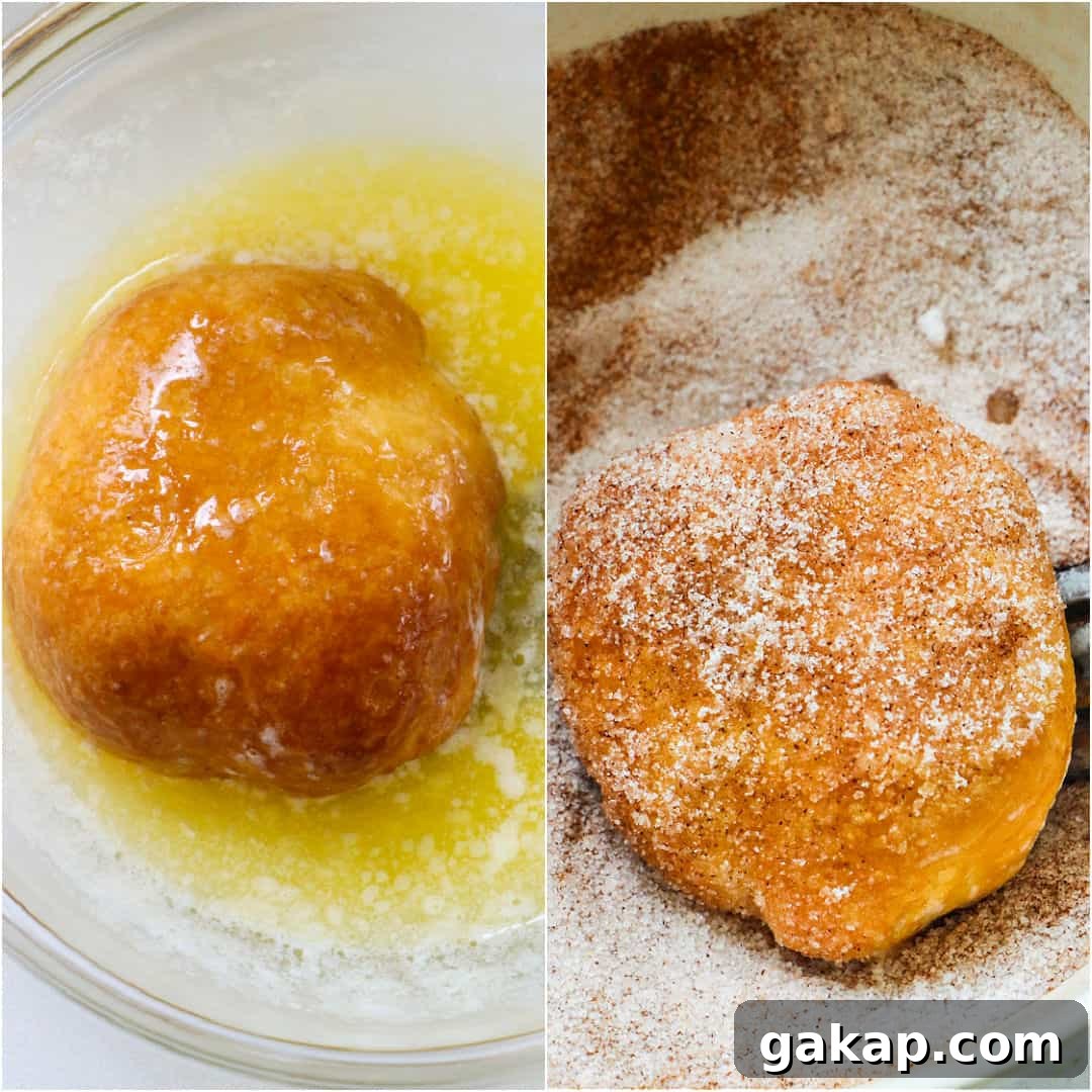 Air Fryer Apple Pie–Stuffed Biscuits: Quick Cinnamon Dessert 5 Collage showing a stuffed biscuit getting dipped in melted butter and then coated in cinnamon sugar.