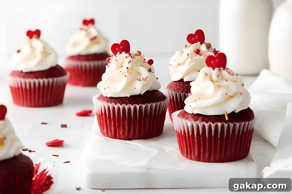 Decadent Red Velvet Cupcakes with Cream Cheese Frosting 11 cream cheese frosted red velvet cupcakes with heart sprinkles.
