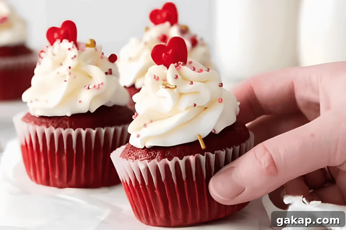 Decadent Red Velvet Cupcakes with Cream Cheese Frosting 3 grabbing a frosted red velvet cupcake from a marble cake board.