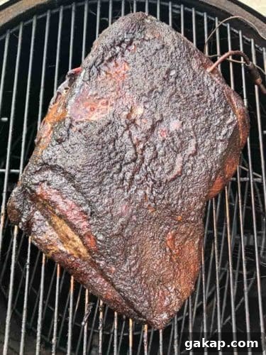 Smoked pork butt on weber grill overhead shot