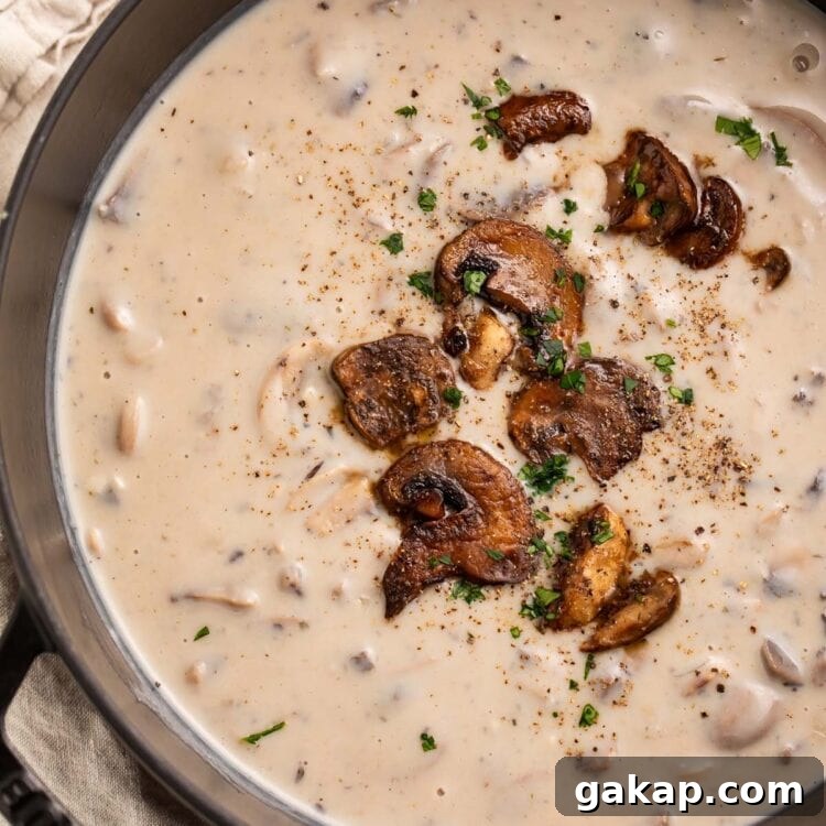 A large pot of creamy gluten free cream of mushroom soup with sautéed mushrooms garnishing the top.