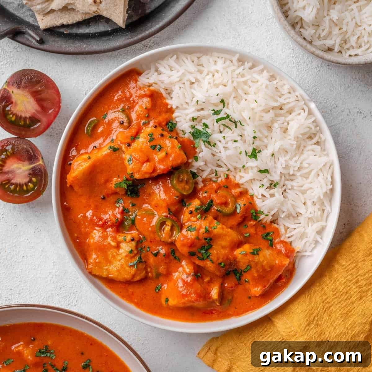 Fish Curry served with rice.
