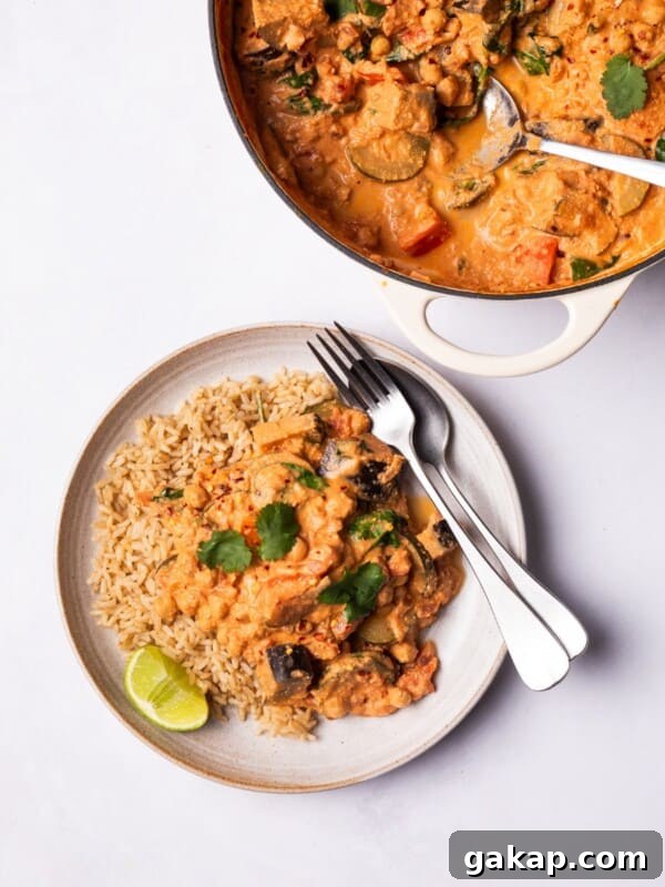 Colorful Vegetable Curry served on a plate with brown rice.
