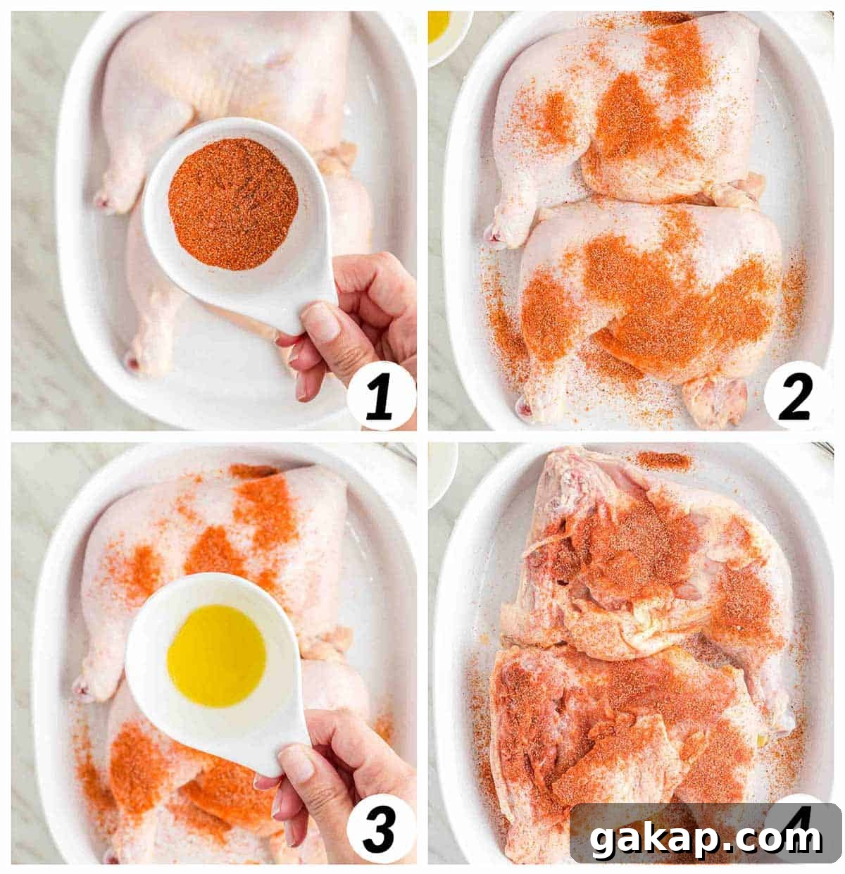 Crispy Air Fryer Chicken Leg Quarters with Garlic Herb Rub 4 Four panel grid of process shots 1-4 - prepping chicken legs with seasoning and olive oil.