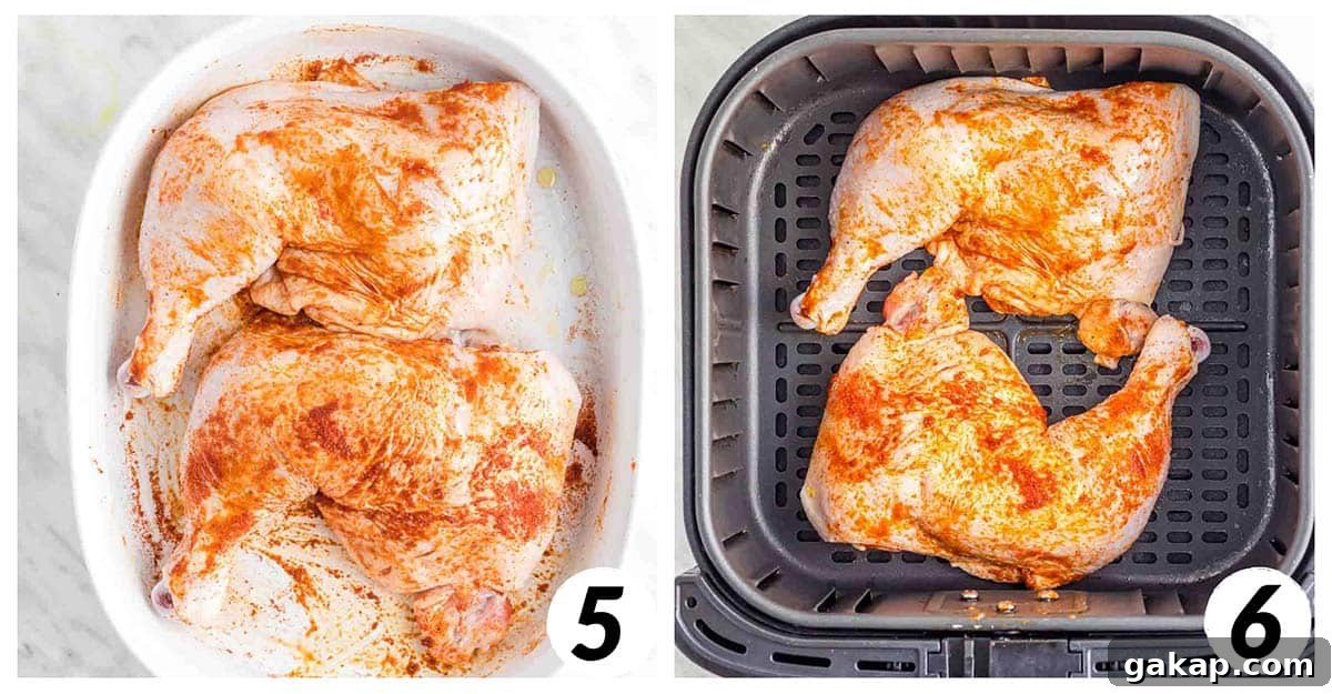 Crispy Air Fryer Chicken Leg Quarters with Garlic Herb Rub 5 Two panel grid of process shots 5-6 - cooking chicken legs in air fryer.