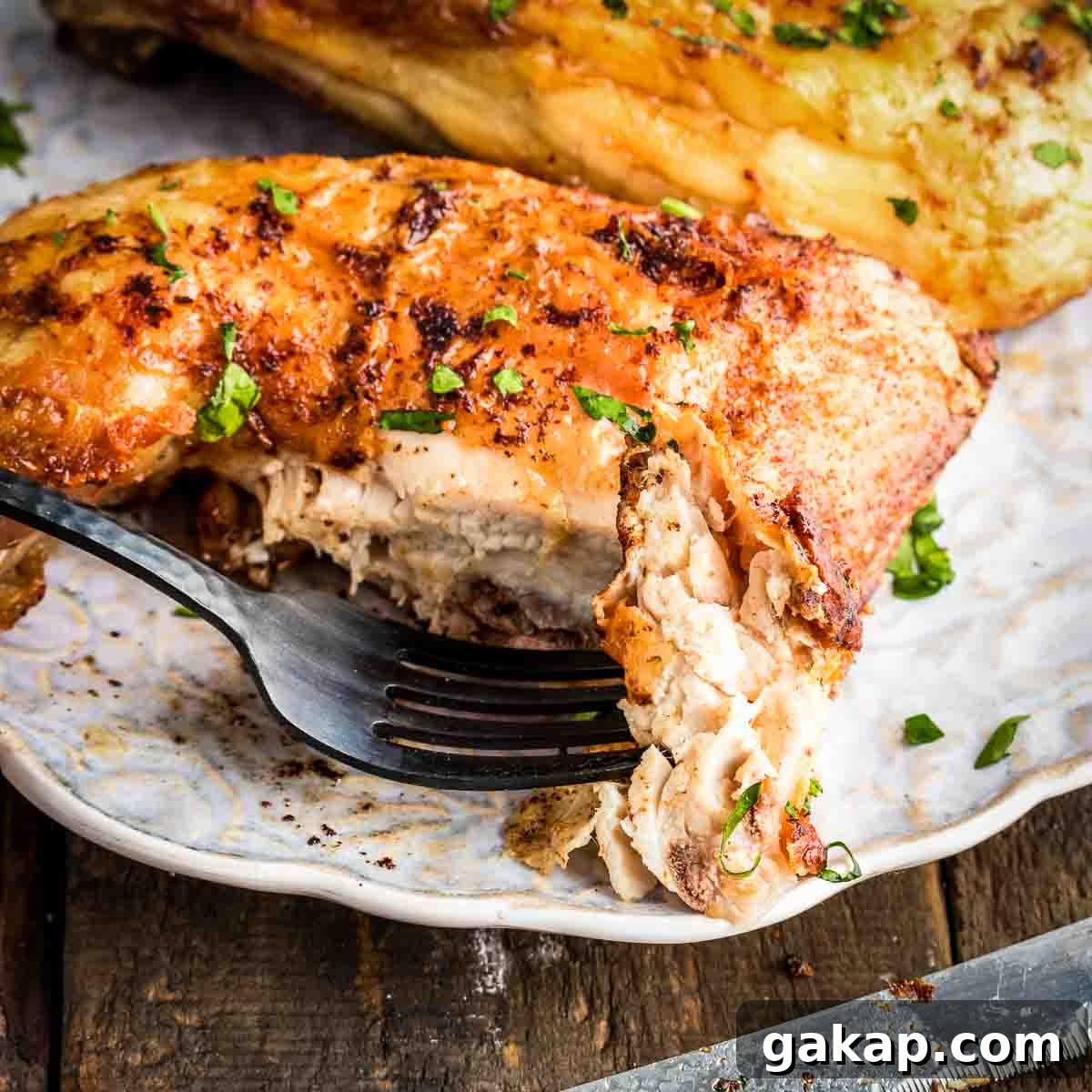 Crispy Air Fryer Chicken Leg Quarters with Garlic Herb Rub 6 Side shot of a fork taking a piece of a chicken quarter off of a white plate on a wooden table.