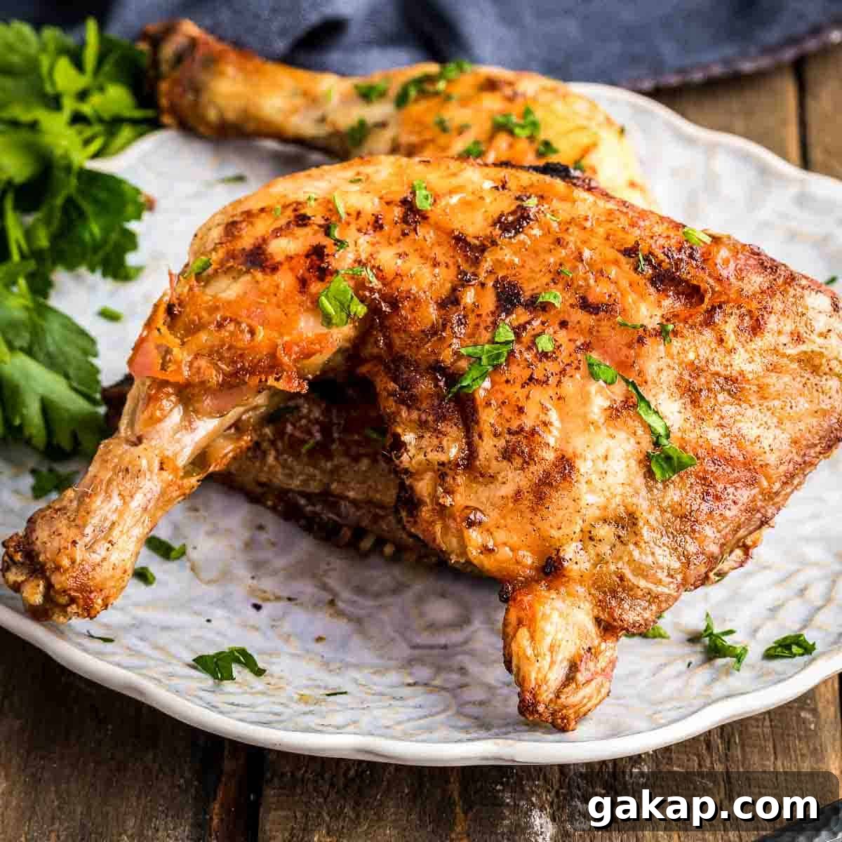 Crispy Air Fryer Chicken Leg Quarters with Garlic Herb Rub 7 Side shot of two chicken quarters garnished with herbs on a white plate on a wooden table.