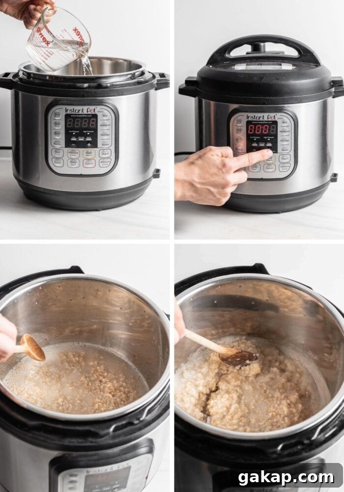 Visual step by step instructions for making rolled oats in an Instant Pot.