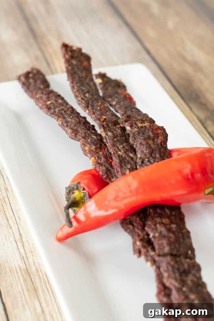 Spicy Fiery Ground Beef Jerky Recipe 2 Spicy ground beef jerky wrapped by a hot banana pepper