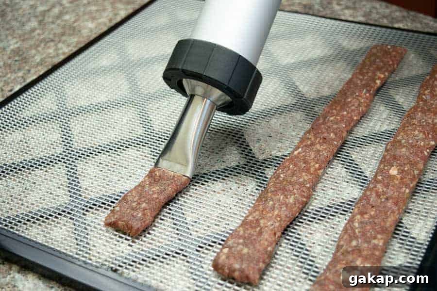 Spicy Fiery Ground Beef Jerky Recipe 11 shooting ground jerky strips onto dehydrator tray with jerky cannon
