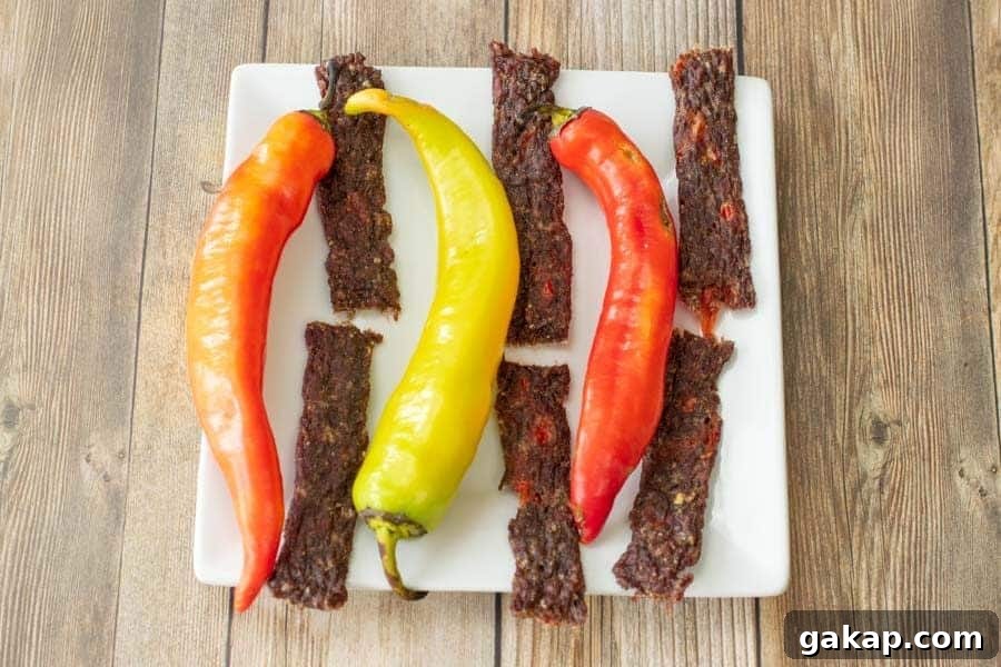 Spicy Fiery Ground Beef Jerky Recipe 14 Wicked Fiery ground beef jerky on plate with banana peppers on wood background