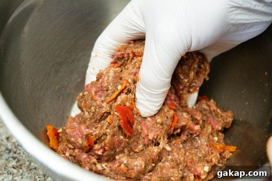 Spicy Fiery Ground Beef Jerky Recipe 7 ground beef mixed by hand in bowl for jerky